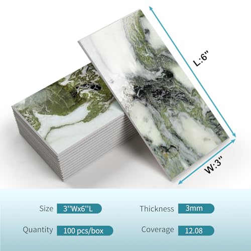 Vamos Tile 100-Piece Glossy Ice Green Peel and Stick Backsplash Tile,3''x6'' PVC Subway Tile with White Grout,Stick on Backsplash for Kitchen/Bathroom/Fireplace - Image 2