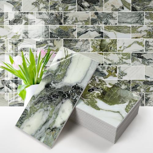 Vamos Tile 100-Piece Glossy Ice Green Peel and Stick Backsplash Tile,3''x6'' PVC Subway Tile with White Grout,Stick on Backsplash for Kitchen/Bathroom/Fireplace - Image 1