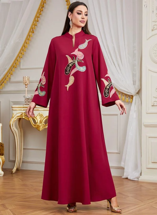 تايك تو Red Long Sleeves Embroidered Maxi Jalabiya