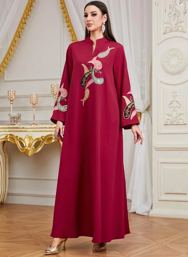 تايك تو Red Long Sleeves Embroidered Maxi Jalabiya