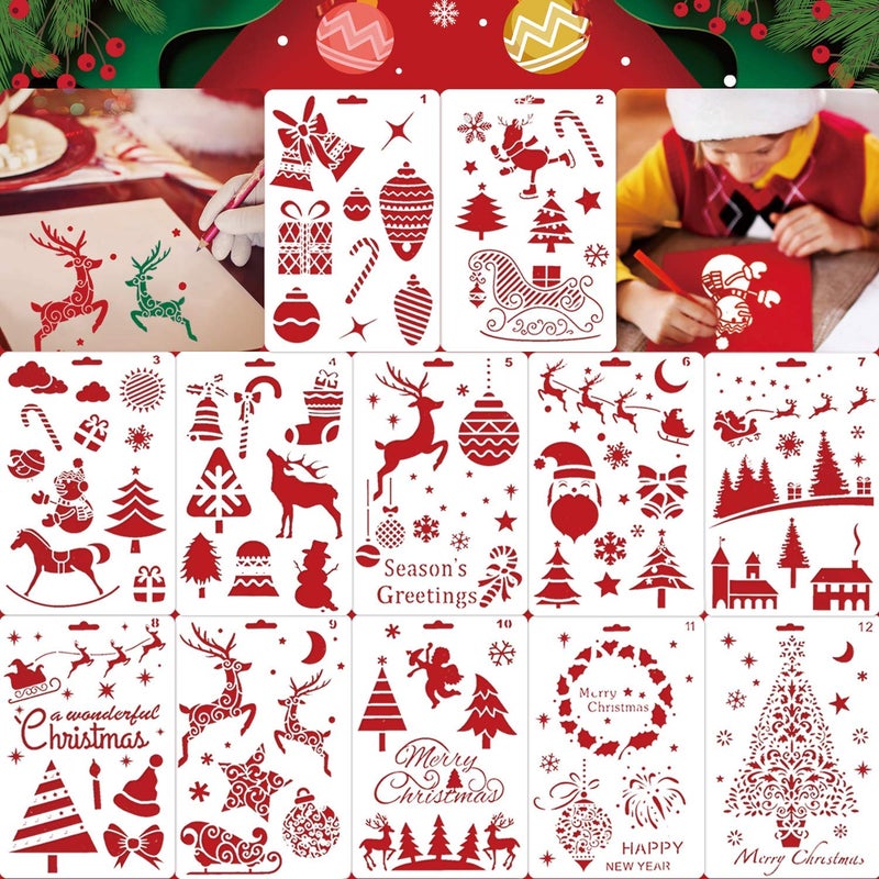Ivanas 12Pack Christmas Stencils Templates, Reusable Christmas Drawing Painting Template, Xmas Stencils for Greeting Cards, Albums, Scrapbook, Notebook, Journal, Wall Art Wood, Xmas Gift Home Decor - Image 1