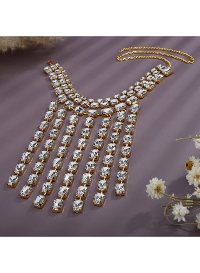 YERTTER Sparkle Gold Full Fringe Crystal Tassel Chain Exaggrated Collar Luxury Tassel Rhinestone Statement Clavicle Choker Necklace for Wedding Party Music Bar Women Girls （Gold 5） - Image 3