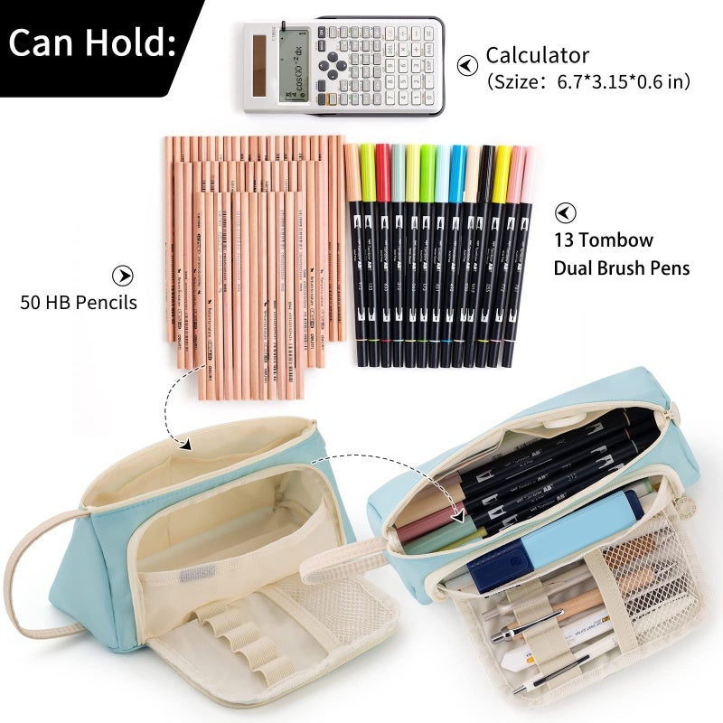 Large Storage Pencil Case: Blue Durable Polyester With Smooth Zipper - Multi-Function Hand-Held Band Pencil Pouch for School, Travel, Daily Use - Image 5