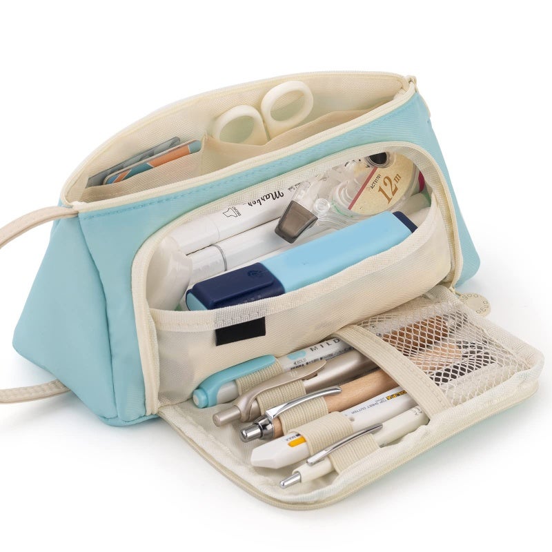 Large Storage Pencil Case: Blue Durable Polyester With Smooth Zipper - Multi-Function Hand-Held Band Pencil Pouch for School, Travel, Daily Use - Image 1