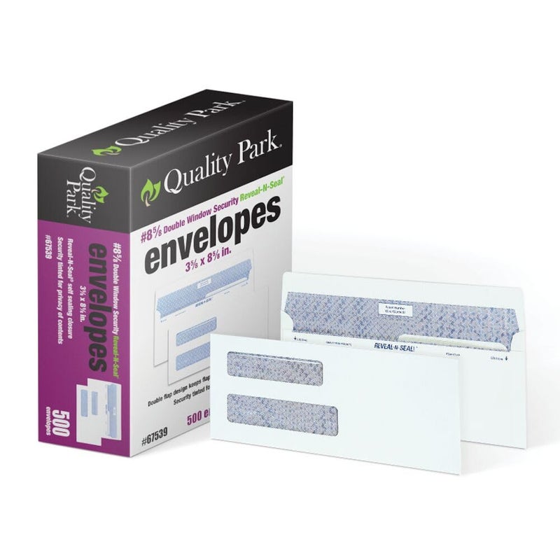 Quality Park 8 58 DoubleWindow Security Envelopes SelfSealing Tamper Evident For Checks Payroll 24 lb White Wove 358 x 858 Inches 500Box QUA67539