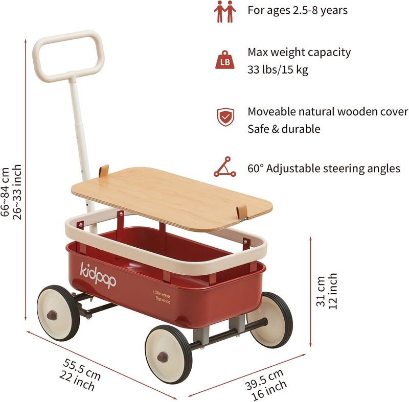 Kidpop PULA-Wild 3-in-1 Toy Wagon for Toddlers 1-4, Kids Ride On Toy with Removable Wooden Cover and Adjustable Handlebar, One Year Birthday Gifts Indoors and Outdoors Max Weight 33 lbs (Red) - Image 2