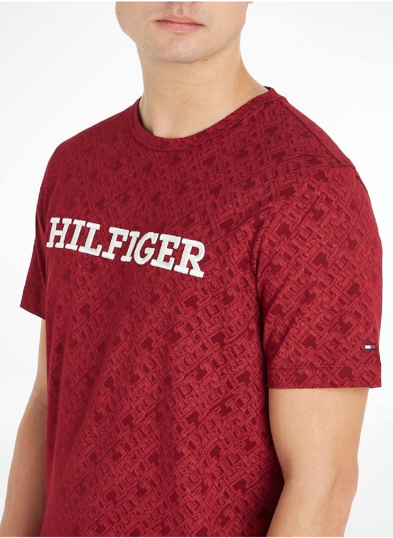 TOMMY HILFIGER Men's Monogram All-Over Print Logo Crew Neck T-Shirt -  Cotton, Red  - Image 5