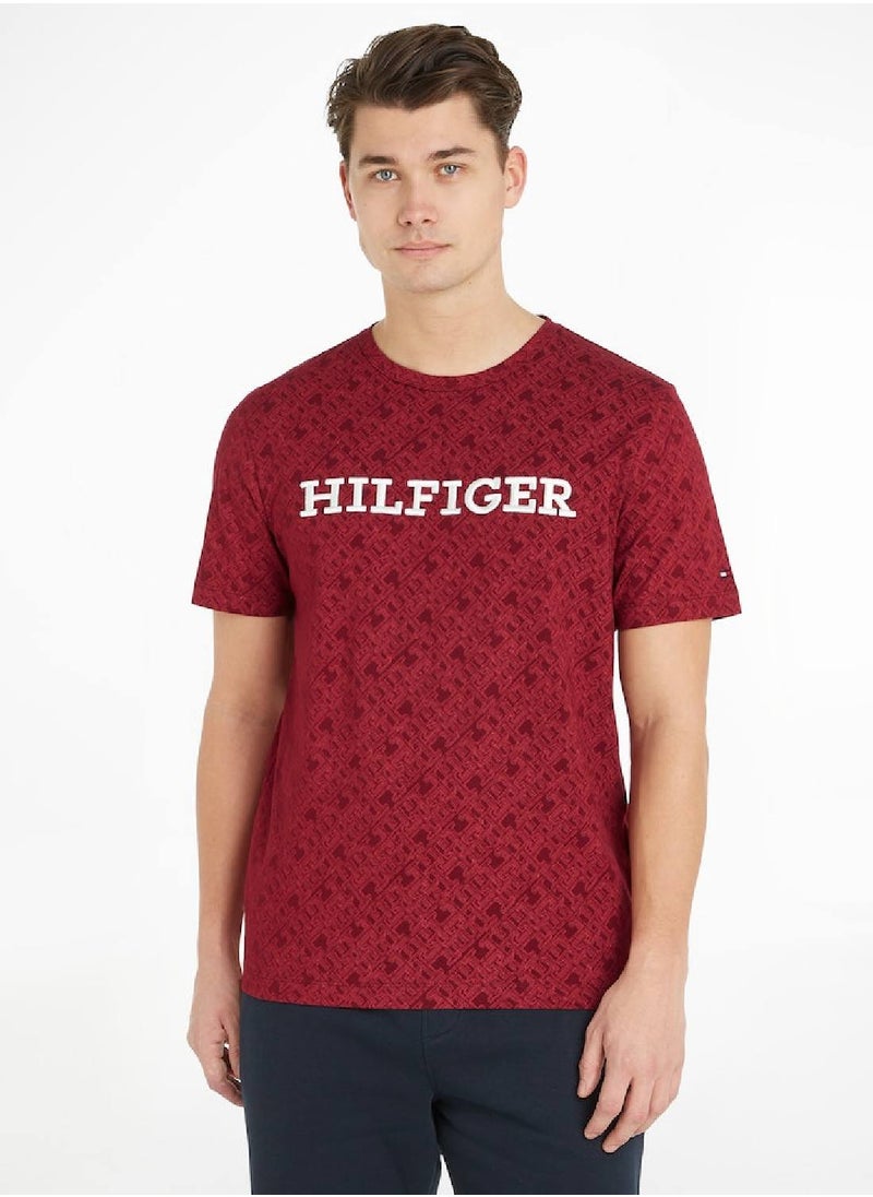 TOMMY HILFIGER Men's Monogram All-Over Print Logo Crew Neck T-Shirt -  Cotton, Red  - Image 1