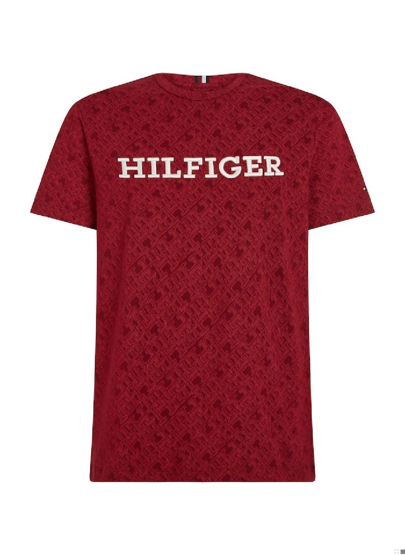 TOMMY HILFIGER Men's Monogram All-Over Print Logo Crew Neck T-Shirt -  Cotton, Red  - Image 2