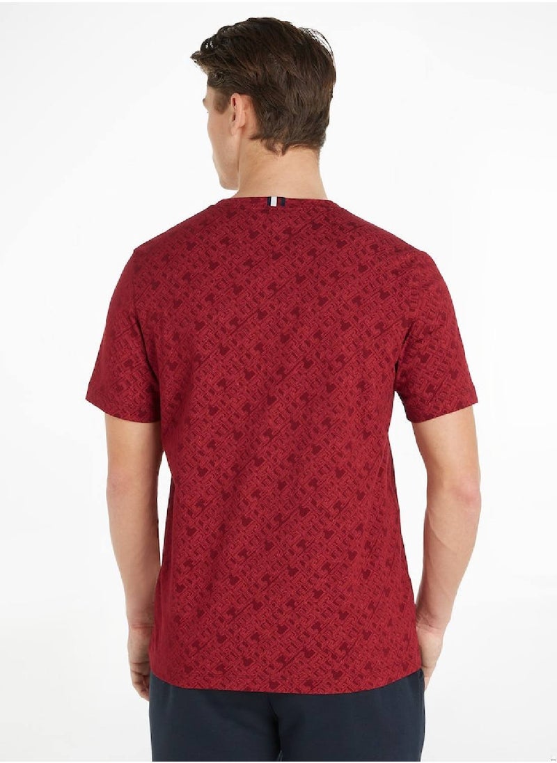TOMMY HILFIGER Men's Monogram All-Over Print Logo Crew Neck T-Shirt -  Cotton, Red  - Image 3