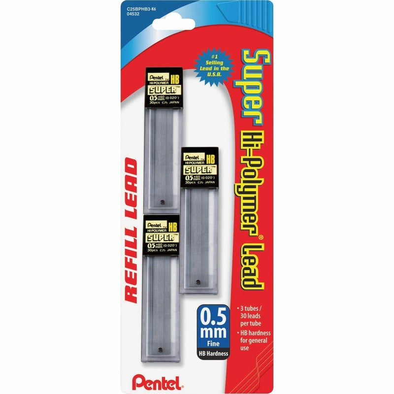 Pentel® Super Hi-Polymer® Leads, 0.5 mm, HB, 30 Leads Per Tube, Pack Of 3 Tubes - Image 4