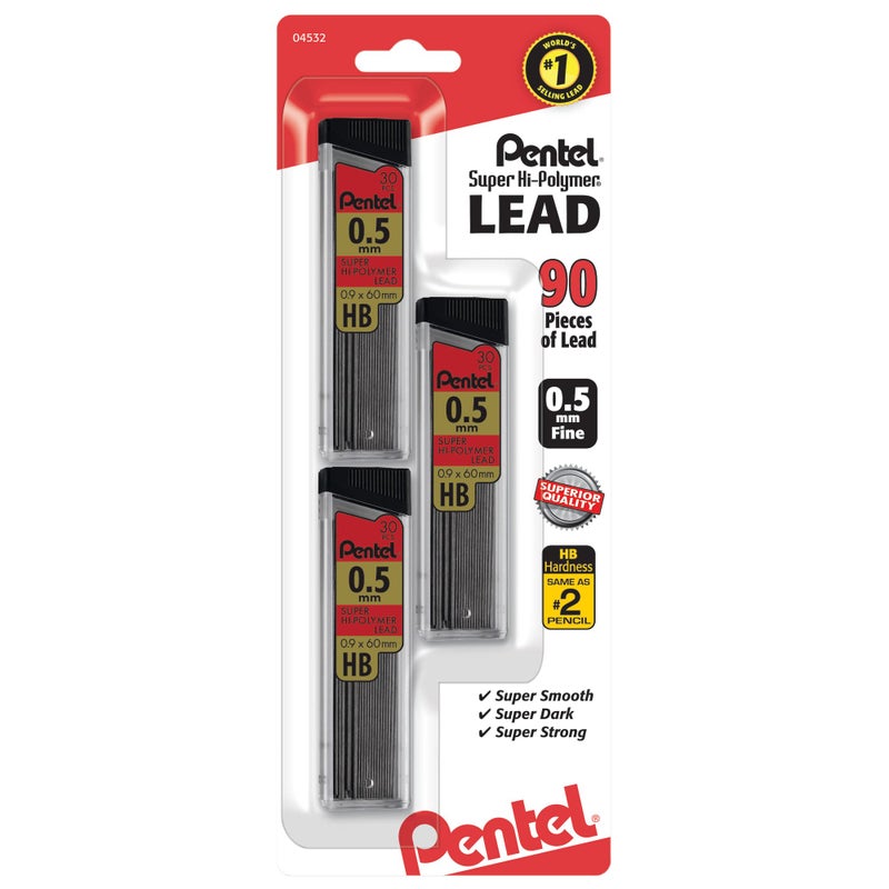 Pentel® Super Hi-Polymer® Leads, 0.5 mm, HB, 30 Leads Per Tube, Pack Of 3 Tubes - Image 1