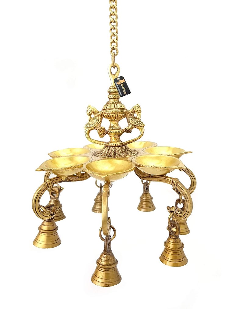 Two Moustaches Twin Peacock Over 7 Oil Wick Brass Hanging Diya with Bells Golden - Image 1