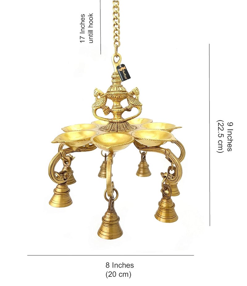 Two Moustaches Twin Peacock Over 7 Oil Wick Brass Hanging Diya with Bells Golden - Image 3