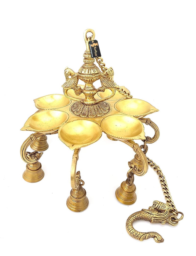 Two Moustaches Twin Peacock Over 7 Oil Wick Brass Hanging Diya with Bells Golden - Image 2