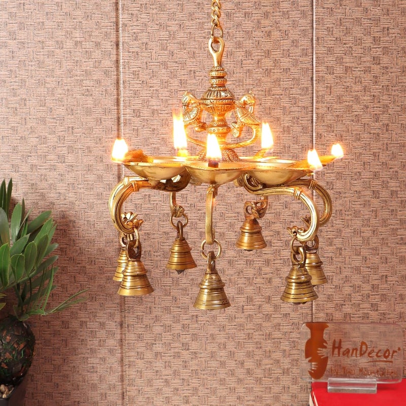 Two Moustaches Twin Peacock Over 7 Oil Wick Brass Hanging Diya with Bells Golden - Image 4