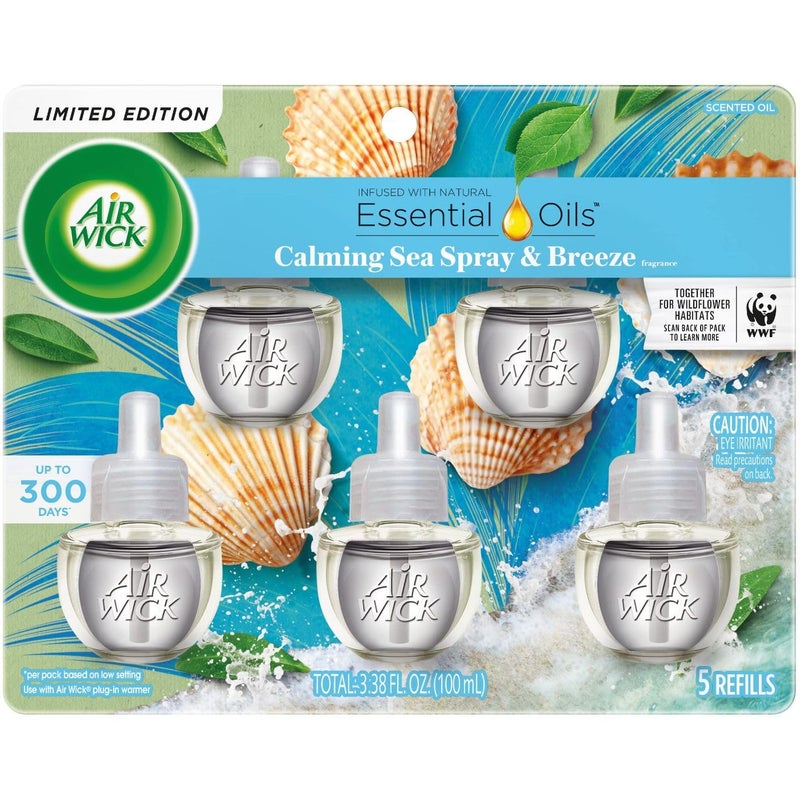 Air Wick عبوة إعادة تعبئة زيت معطر هواء Air Wick، معززة بالزيوت الأساسية، معطرات هواء قابلة للتوصيل للمنزل، رذاذ البحر المهدئ والنسيم، 5 قطع - Image 1