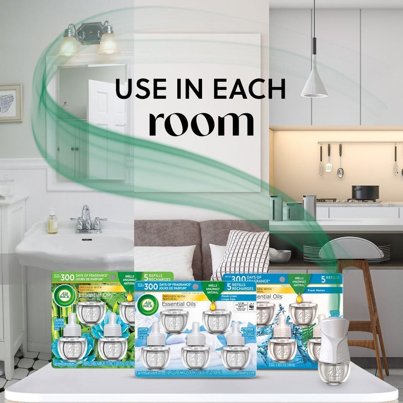 Air Wick عبوة إعادة تعبئة زيت معطر هواء Air Wick، معززة بالزيوت الأساسية، معطرات هواء قابلة للتوصيل للمنزل، رذاذ البحر المهدئ والنسيم، 5 قطع - Image 2