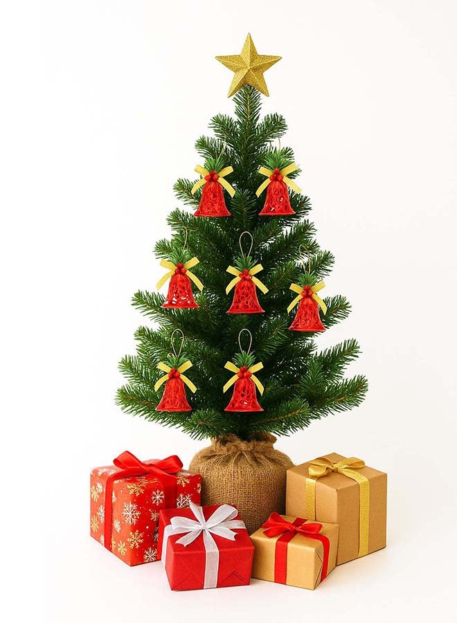 6pc Mini Bell-Shaped Christmas Tree Hanging Ornaments – Red with Golden Ribbon & Green Accents - Image 2