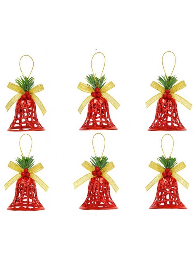 6pc Mini Bell-Shaped Christmas Tree Hanging Ornaments – Red with Golden Ribbon & Green Accents - Image 1