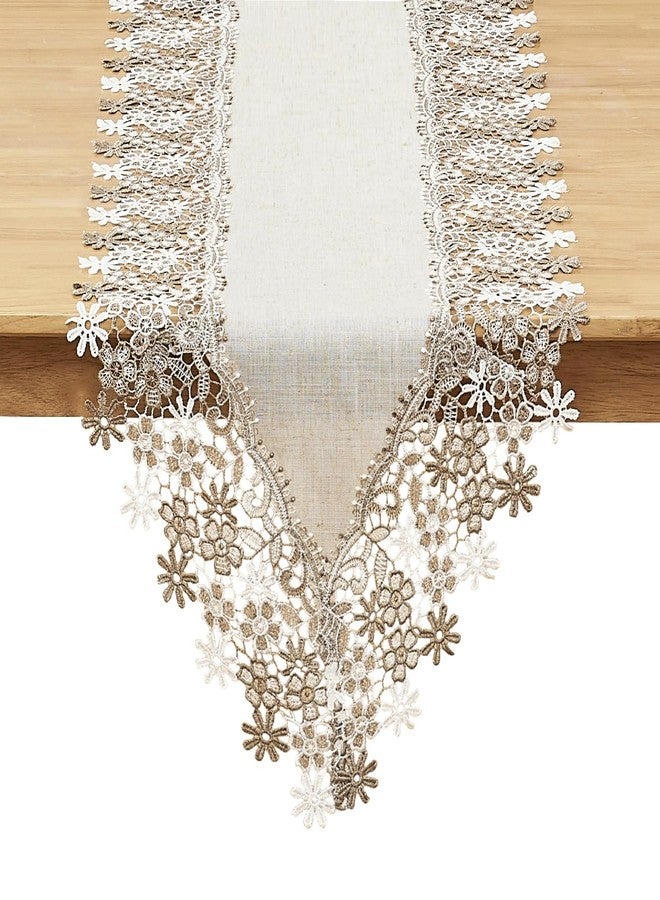 Winotic Natural Neutral Earth Tones Beige Floral Lace Table Runner Dresser Scarf 36 inches Long for Home Decor (16” x36”, Natural) - Image 1