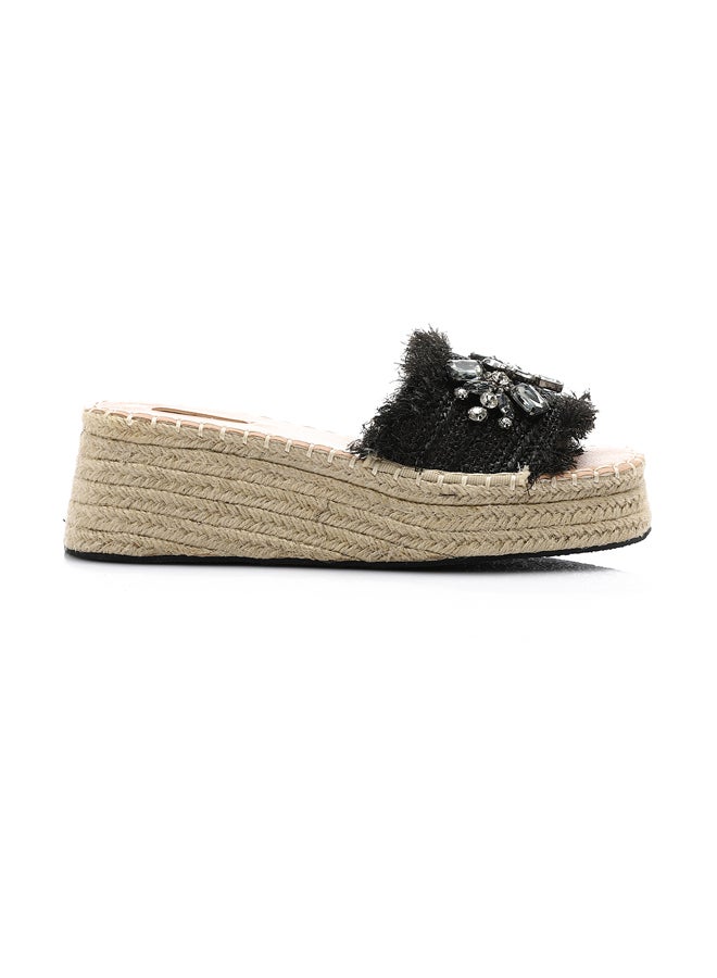 Strassy Mid Heel Wedge Slipper - Black
