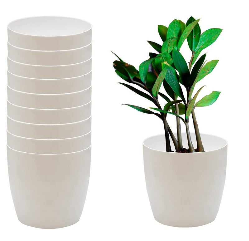 garbnoire Gardening Flower Pots - 4.4 Inch Plastic Flower Pots | Modern Decorative Indoor Outdoor Planters/Pots - Pack of (White, 10) - Image 1