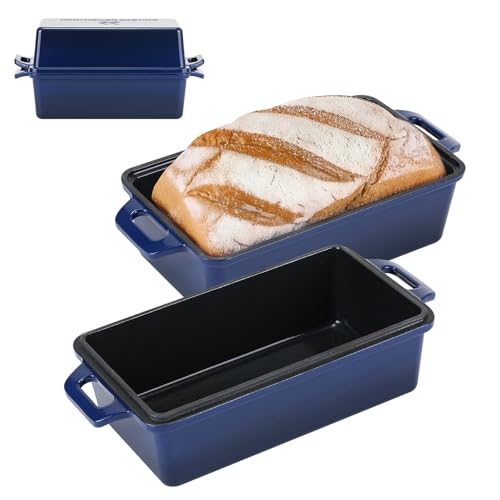 Northriver Casting 2 in 1 Enameled Cast Iron Bread Pan with Lid, Perfect Bread Oven, Loaf Pans for Baking Homemade Sourdough Bread 9x5, 2 Piece set, Navy Blue - Image 1