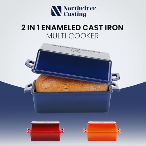 Northriver Casting 2 in 1 Enameled Cast Iron Bread Pan with Lid, Perfect Bread Oven, Loaf Pans for Baking Homemade Sourdough Bread 9x5, 2 Piece set, Navy Blue - Image 4