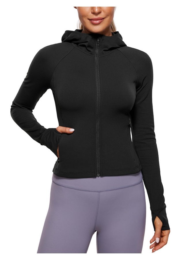 CRZ YOGA CRZ YOGA Womens Butterluxe Full Zip Workout Hoodie Jackets Slim Fit Hooded Athletic Yoga Lightweight Jacket with Thumb Holes Black Medium  - Image 1