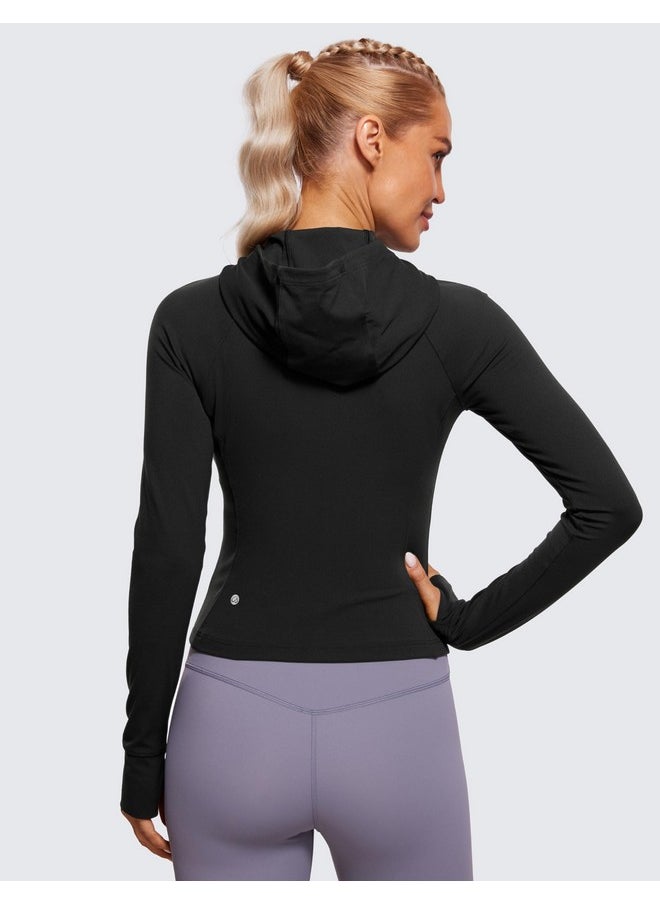 CRZ YOGA CRZ YOGA Womens Butterluxe Full Zip Workout Hoodie Jackets Slim Fit Hooded Athletic Yoga Lightweight Jacket with Thumb Holes Black Medium  - Image 2