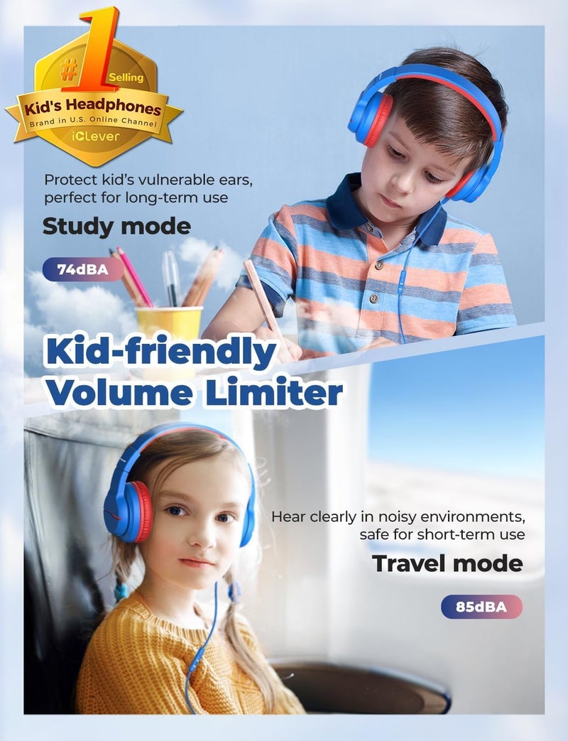 iClever Kids Headphones for School Travel, Safe Volume Limited, HD Mic Stereo Sound Over-Ear Girls Boys Headphones for Kid, FunShare Foldable 3.5mm Wired for iPad Computer, HS19 - Image 2