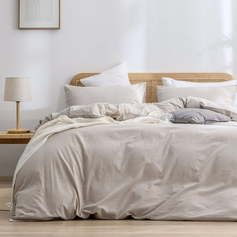 BESTOUCH Duvet Cover Set 100 Washed Cotton Linen Feel Super Soft Comfortable Chic Lightweight 3 PCs Home Bedding Set Solid Linen Grey Queen