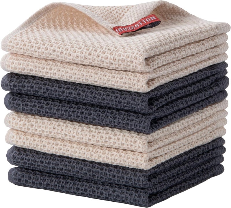 joybest Cotton Kitchen Dish Cloths, 8-Pack Waffle Weave Ultra Soft Absorbent Dish Towels Washcloths Quick Drying Dish Rags, 12x12 Inches, Beige and Dark Grey - Image 1