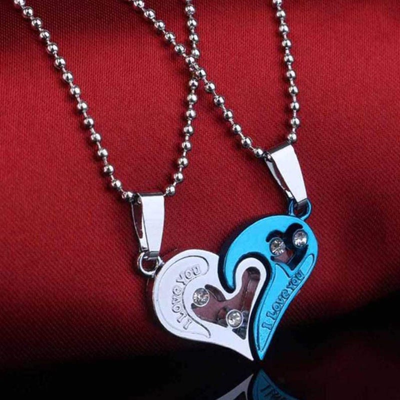 AJS Valentine Day Gift Broken Heart Couple Pendant With Couple Ring Combo Set Blue And Silver Stainless Steel 2 Pc Necklace Chain & 2 Pc Couple Ring For Men And Women - Image 2