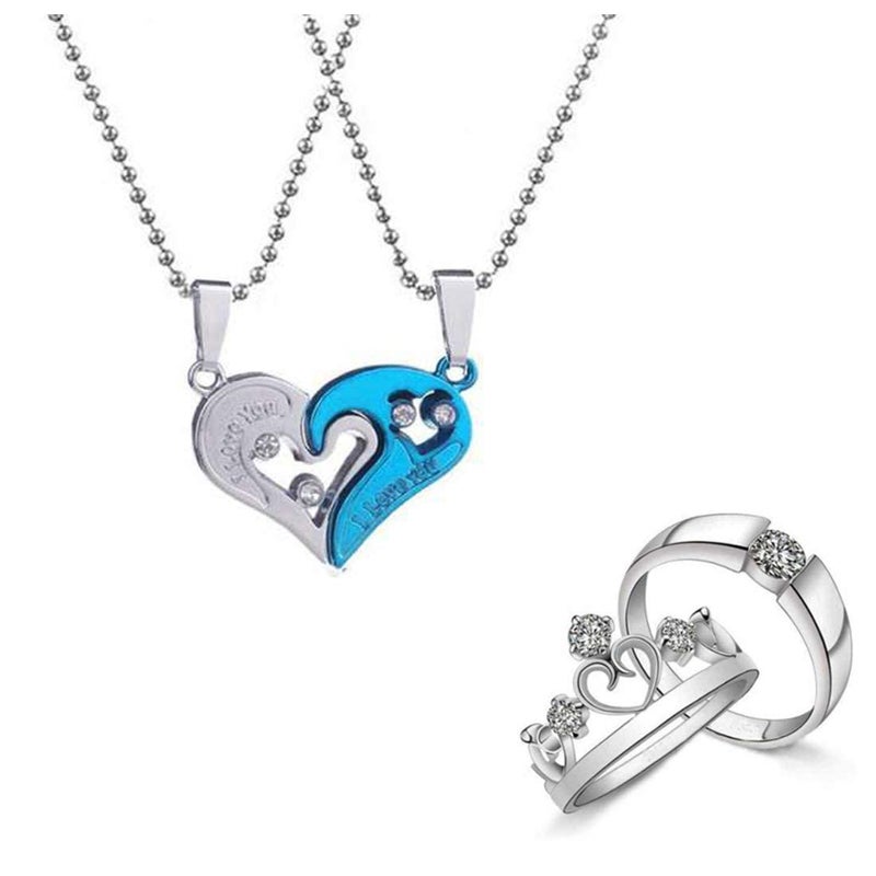AJS Valentine Day Gift Broken Heart Couple Pendant With Couple Ring Combo Set Blue And Silver Stainless Steel 2 Pc Necklace Chain & 2 Pc Couple Ring For Men And Women - Image 1