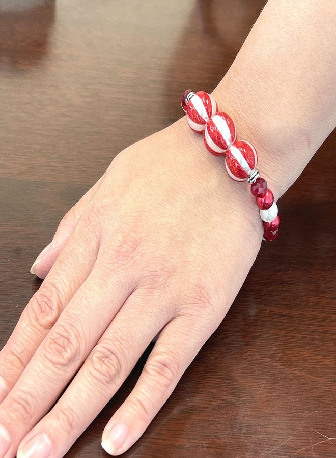 fiona Christmas Bracelet, Handmade Holiday Gifts for Women Girlfriend, Glass Beaded Bracelet, (Red White Ornament) - Image 4