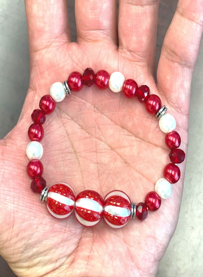 fiona Christmas Bracelet, Handmade Holiday Gifts for Women Girlfriend, Glass Beaded Bracelet, (Red White Ornament) - Image 3