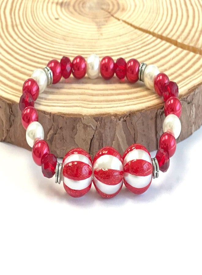 fiona Christmas Bracelet, Handmade Holiday Gifts for Women Girlfriend, Glass Beaded Bracelet, (Red White Ornament) - Image 2