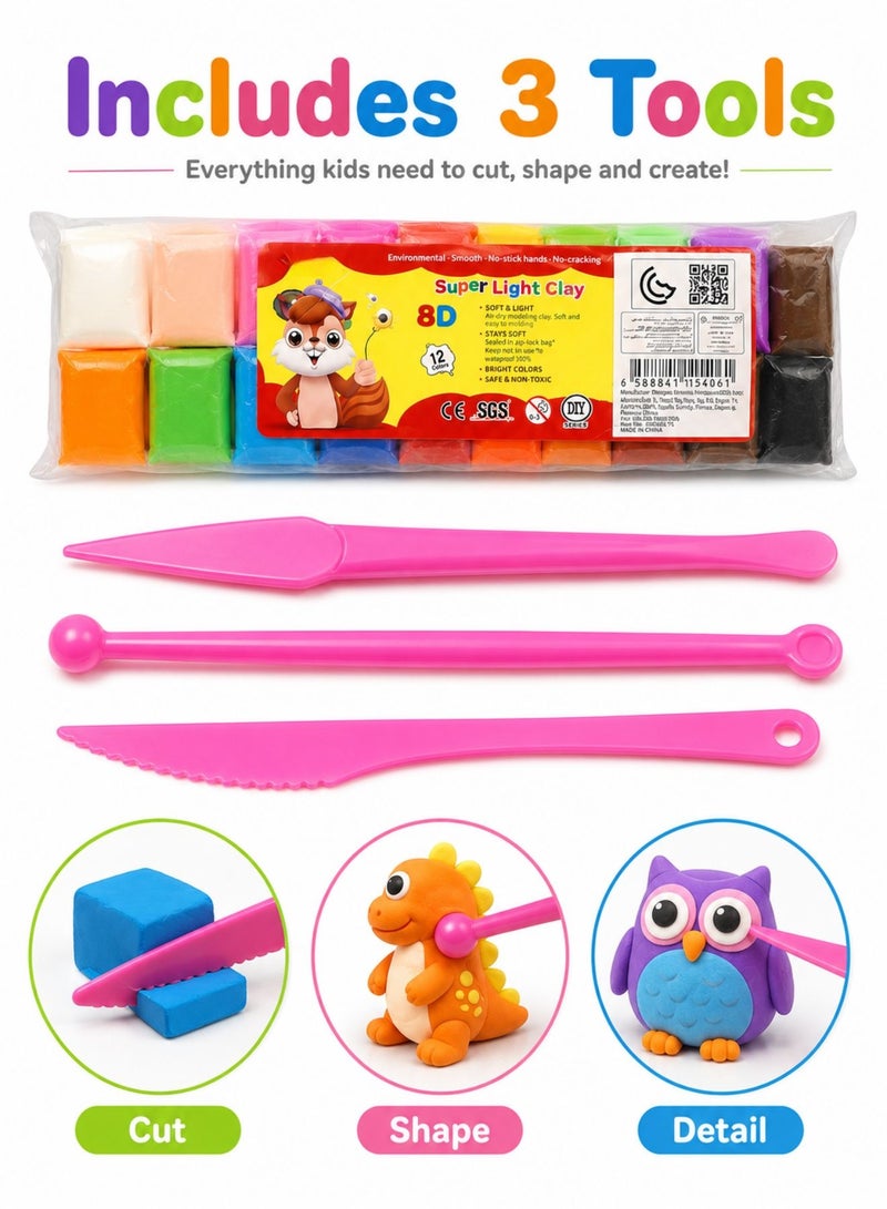 Kids Clay Set 12 Colors Ultra Light Air Dry Clay, Soft Colorful Modeling Clay DIY Craft Kit, Non-Toxic Creative Toy for School Art Projects & Gifts - Image 5