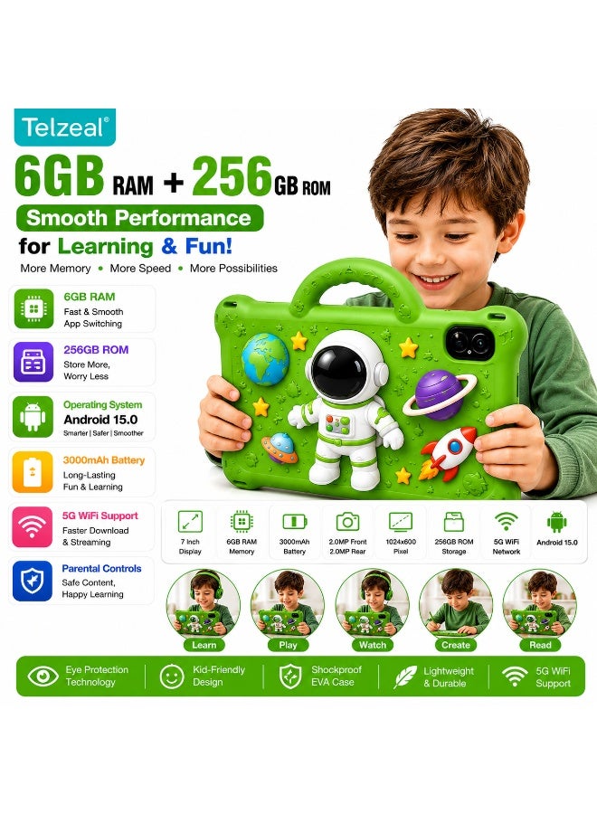 Telzeal P605 Kids Tablet 7 Inch, Android 15, 6GB RAM 256GB ROM, HD 1024×600 Display, 3000mAh Battery, Dual Cameras, 5G WiFi, 3D Astronaut Shockproof EVA Case with Handle, Green - Image 4