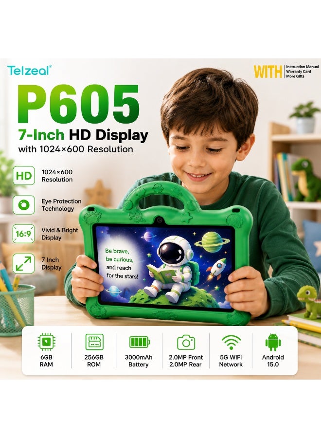 Telzeal P605 Kids Tablet 7 Inch, Android 15, 6GB RAM 256GB ROM, HD 1024×600 Display, 3000mAh Battery, Dual Cameras, 5G WiFi, 3D Astronaut Shockproof EVA Case with Handle, Green - Image 2