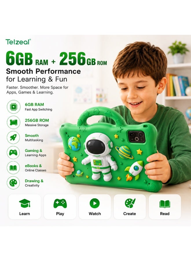 Telzeal P605 Kids Tablet 7 Inch, Android 15, 6GB RAM 256GB ROM, HD 1024×600 Display, 3000mAh Battery, Dual Cameras, 5G WiFi, 3D Astronaut Shockproof EVA Case with Handle, Green - Image 3