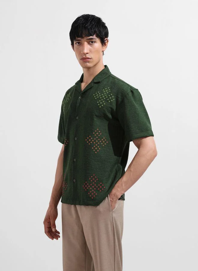 The Indian Garage Co Men Relaxed Fit Solid Cuban Collar Half Sleeves Shirt