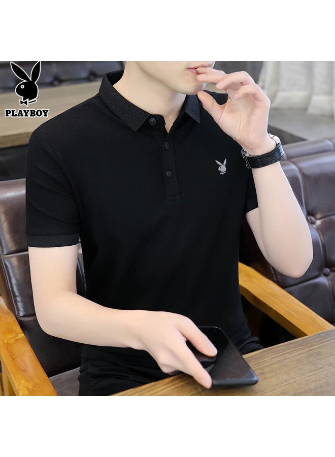 PLAYBOY Men'S Short Sleeve Polo Shirt Summer High-End Ice Silk Half Sleeve Top High-End Men'S Clothing Black Xl - Image 1