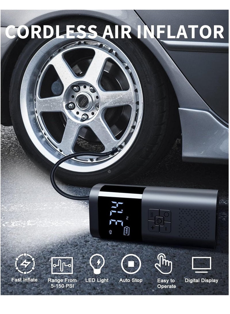SOLARAE Tire Inflator Air Compressor, Car Accessories, 150PSI Rechargeable Cordless Tire Inflator with Pressure Gauge, 12V DC Mini Air Pump Auto Shut off, Tire Pump with LED Light for Car Motorcycle Bicycle - Image 2