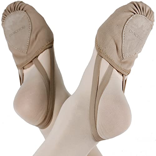 DANCE YOU DANCEYOU Stretch Canvas Lyrical Shoes for Girls Womens Half Soles Pirouette Contemporary Turners Dance Shoes, Tan, S - Image 2