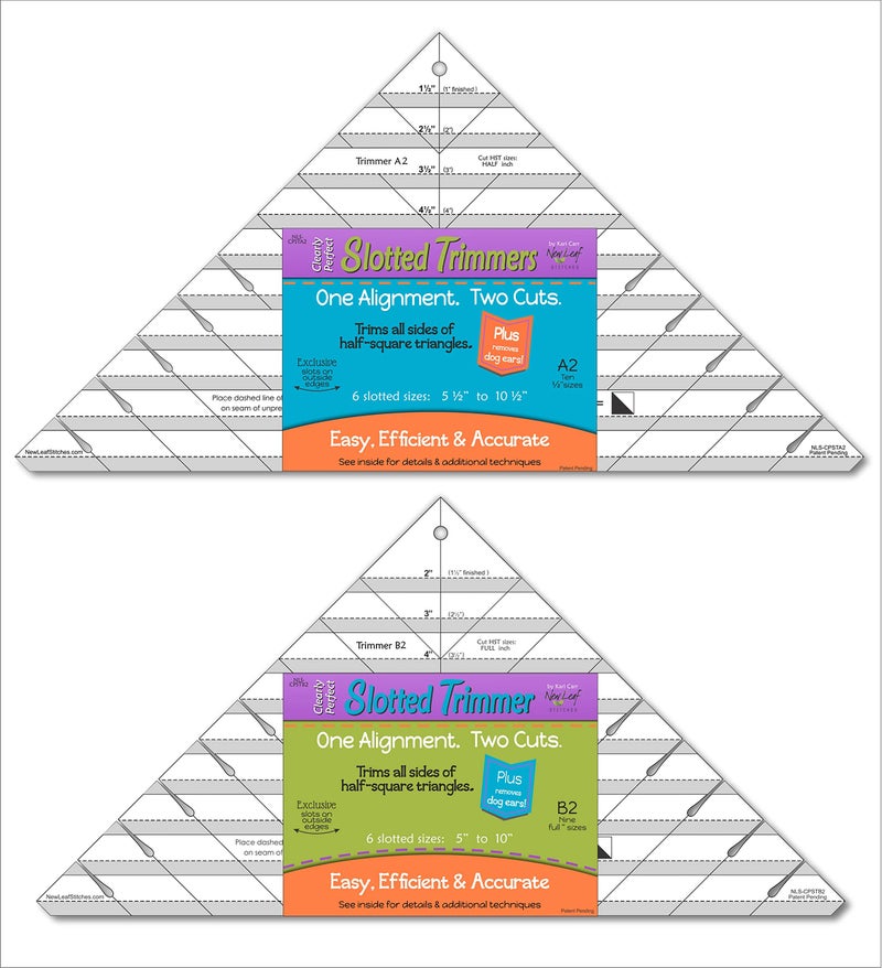 Cleary Perfect Slotted Trimmer A2 and B2 Bundle by New Leaf Stitches â€“ Quilting Ruler Template and Stencil for Cutting All Sides of Larger Half Square Triangles â€“ 12 Slotted Sizes 5 Inch to 10.5 Inch