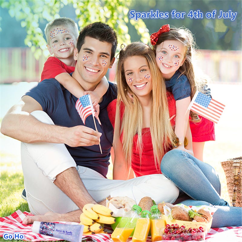 Go Ho جل اللمعان الأحمر والأبيض والأزرق من Go Ho، جل لمعان الوجه بفخر وطني، أزياء 4 يوليو للنساء، مكياج لامع عاكس، لامع هولوجرافي يدوم طويلاً، لامع كبير لعيد الاستقلال، إكسسوارات 4 يوليو في الولايات المتحدة - Image 5