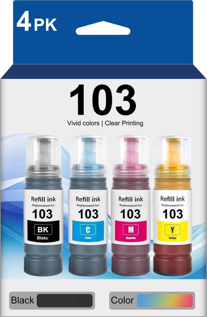 بريتمور 103 حبر 4 ألوان لـ EPSON 103 لـ EcoTank مجموعة مكونة من 4 عبوات (أسود، سماوي، أرجواني، أصفر) لطابعات L1110‎ L3110 L3111 L3150 L3151‎ L3156 L3160 L5190‎ - Image 1